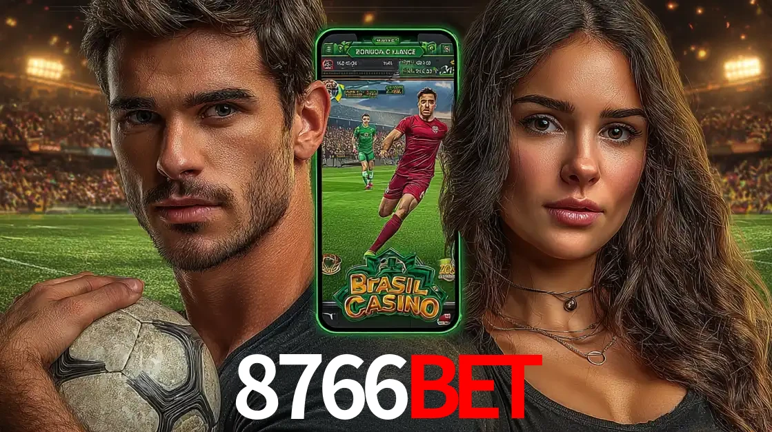 Homem segurando uma bola de futebol e uma mulher ao lado de um smartphone exibindo o jogo de apostas esportivas da 8766BET. Faça seu palpite no cassino online.